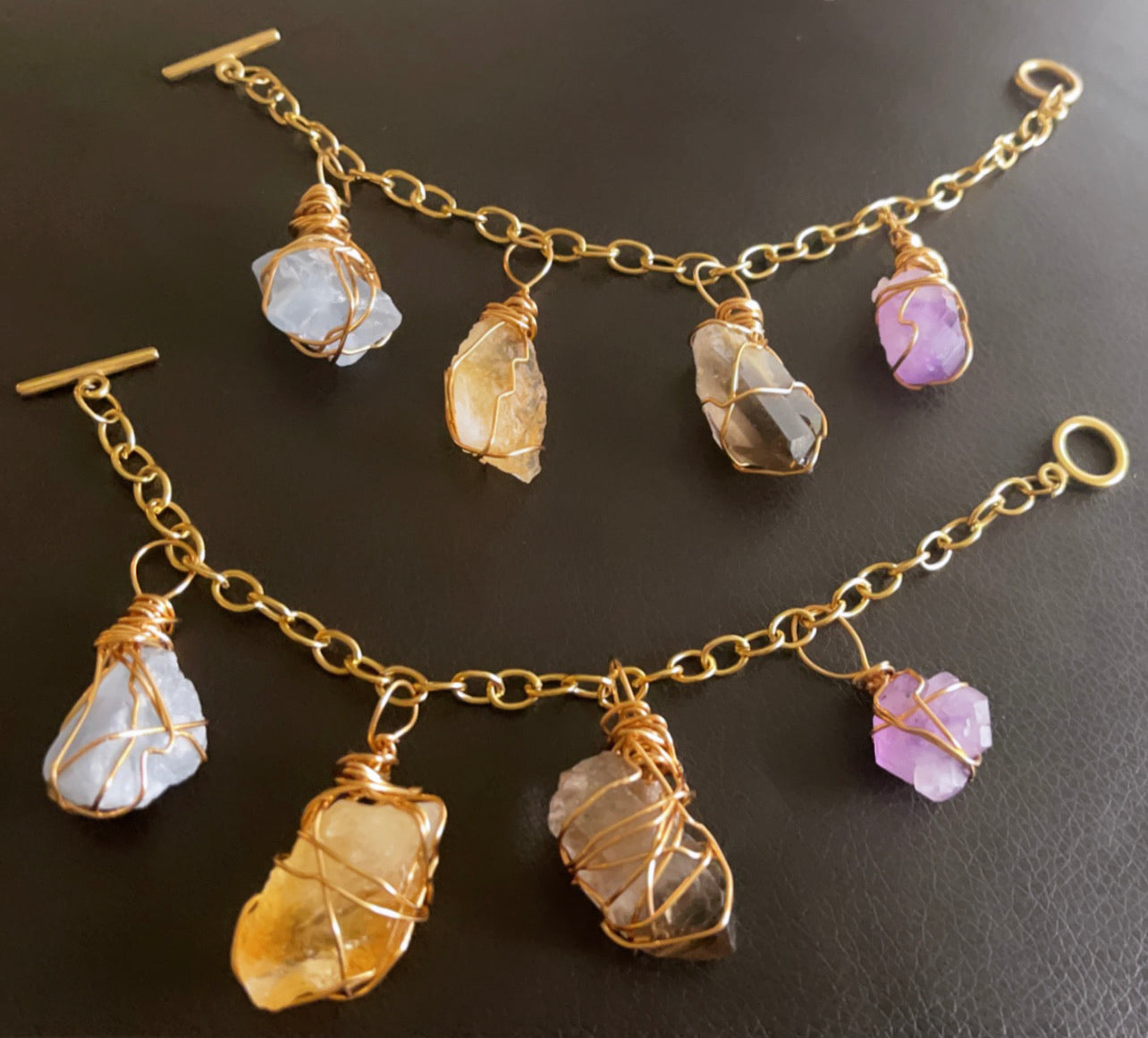 Citrine ,Smokey Quartz, Amethyst, Celestite Crystal Charm Bracelet