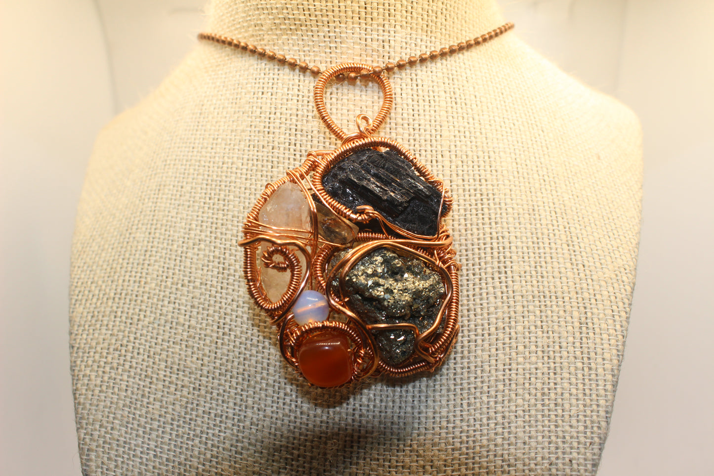 6 Stone Amulet -Black Tourmaline, Clear Quartz, Smoky Quartz, Opalite,Carnelian, Pyrite